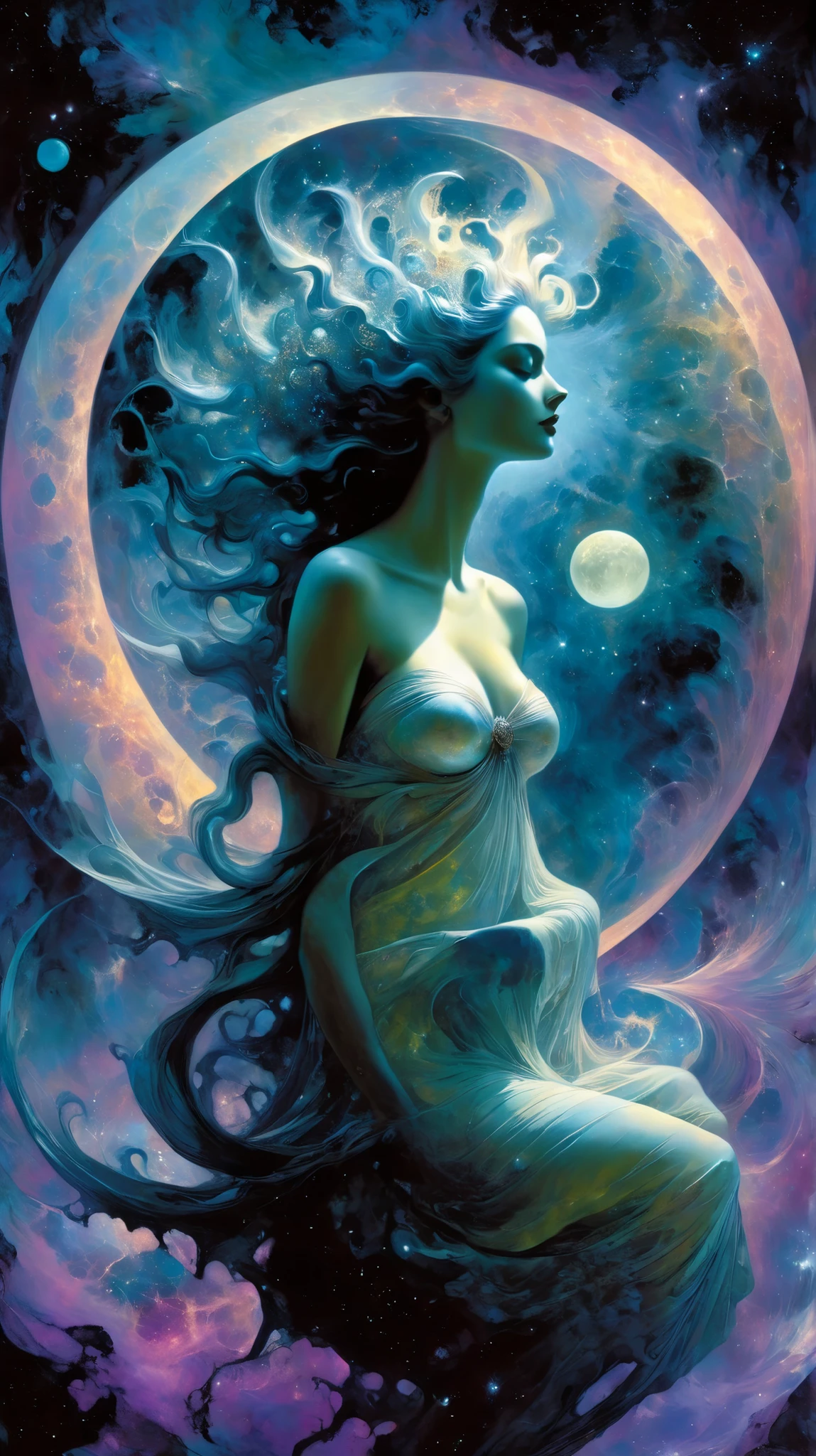 (space onsen style: 1.3), Fantasy onsen in outer space, Wonder, discomfort, healing, Two women, beautiful, cool, a fun day, Hidden hot springs, (Rembrandt lighting: 1.2), embarrassing, dark night, fog , midnight, dark night, (fog: 1.4), moon, Close-up of the upper body, a little sweat, perfect anatomy, Artistic and memorable masterpieces, moments from history, (steam: 1.6), a little sweat, Strong wind blowing, from behind, from below, (fantastic and fascinating landscapes) Watercolor: 1.4, Delicate, Detail, Masterpiece, (masterpiece: 1.2), (best quality: 1.2), details newer and more intricate (art inspired by Bill Sienkiewicz). oil painting)