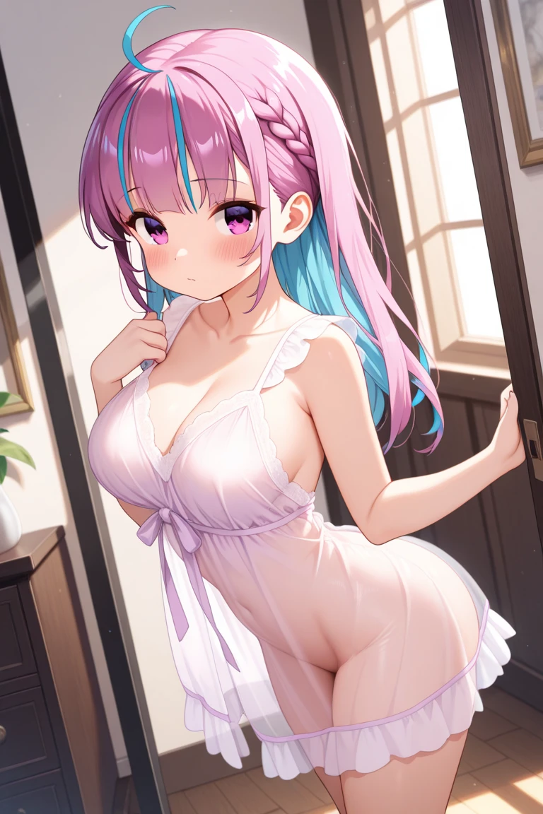 masterpiece、highest quality、Very detailed、Photograph the upper body、1 female、(Put your arms behind your back:1.4)、Are standing、Turn your body forward、View your viewers、(night gown)、break,blush、shy、Pink Hair、Open your mouth、living room、night、Big Breasts、