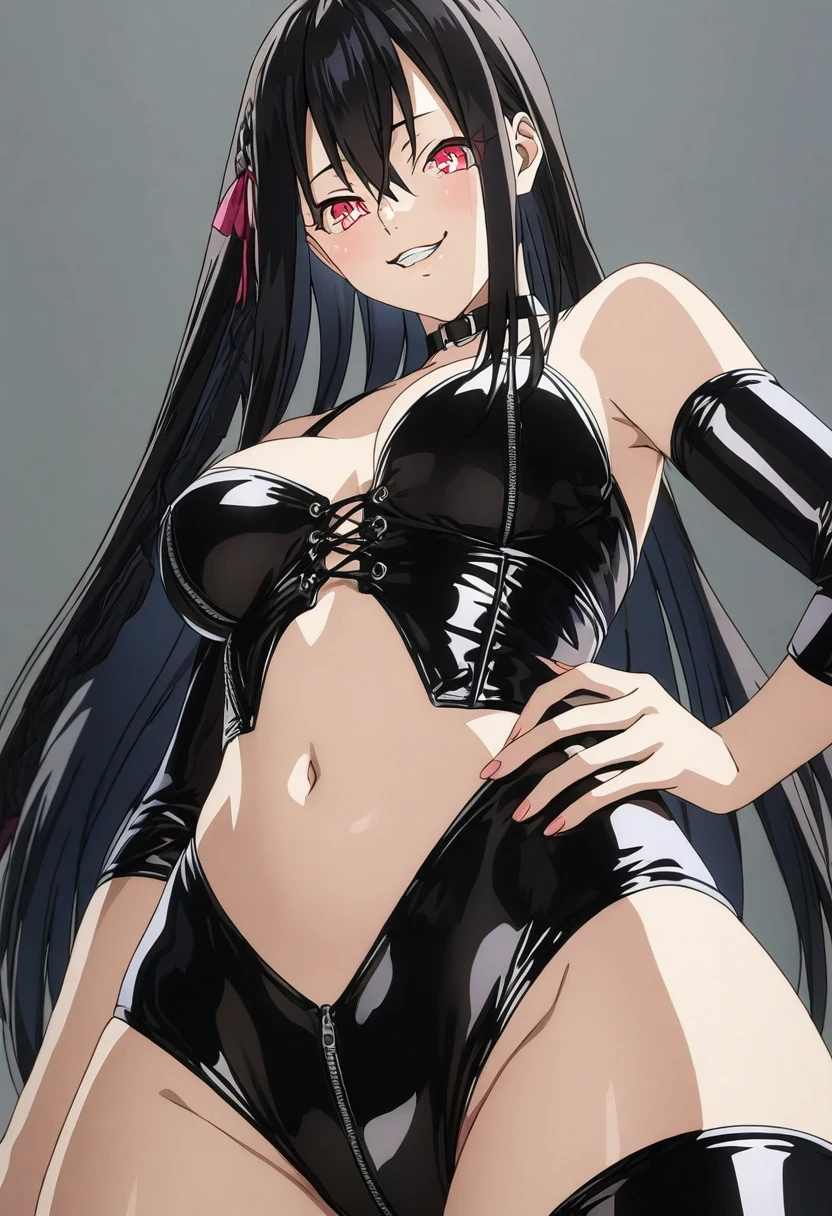 (best quality:1.3), (4k quality), Akeno himejima by high school dxd, ((Detailed face)), ((curvy body)),((blush)), pants leather