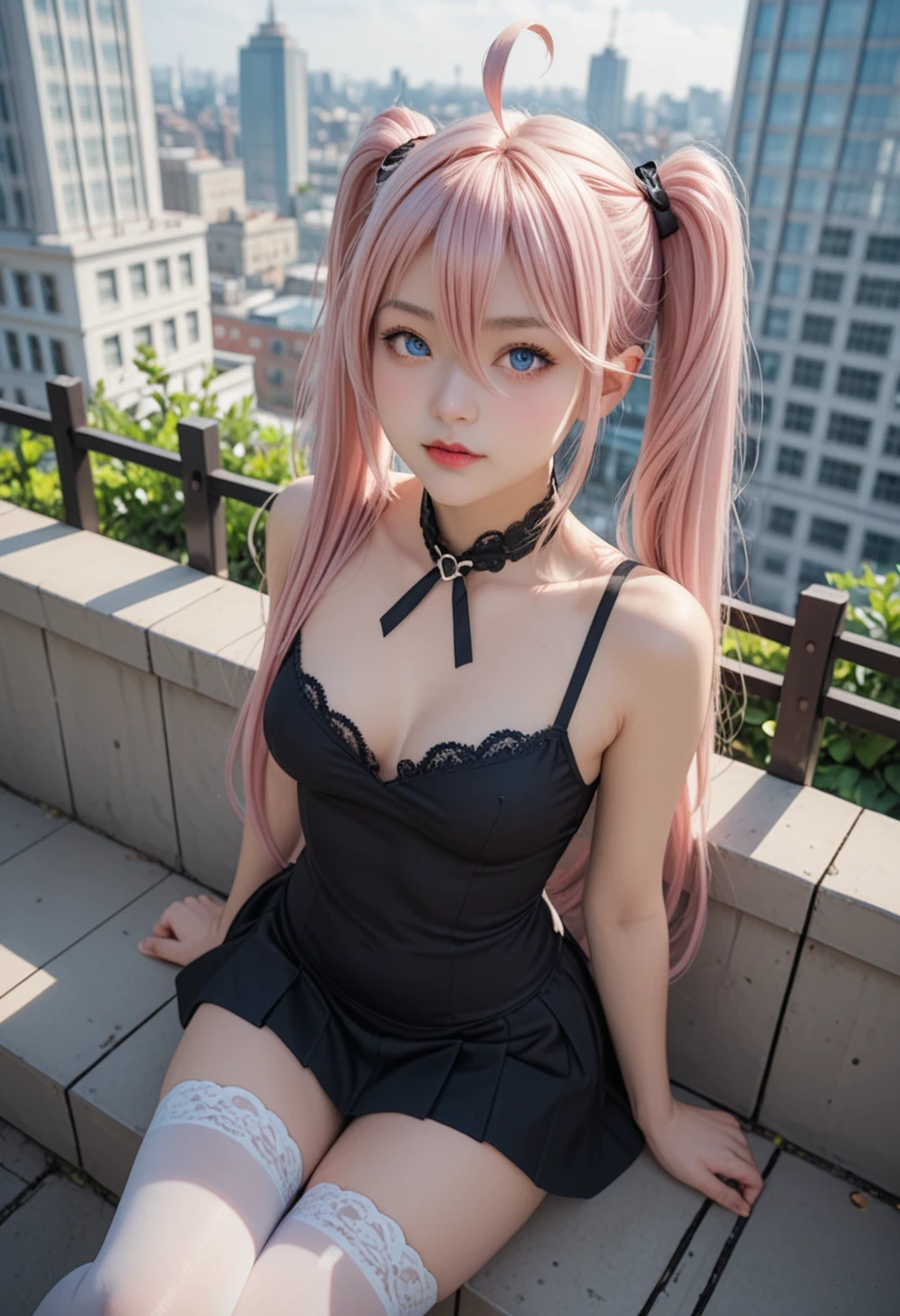 High angle, Front view, side, 1girl, Whole body, solo , blue eyes, hair between eyes, very long hair, twintails, pink hair, ahoge, fang, medium breasts, black dress, Mini skirt , single stockings , high view , sit, Fence, top of tall building, nighttime , Shy,