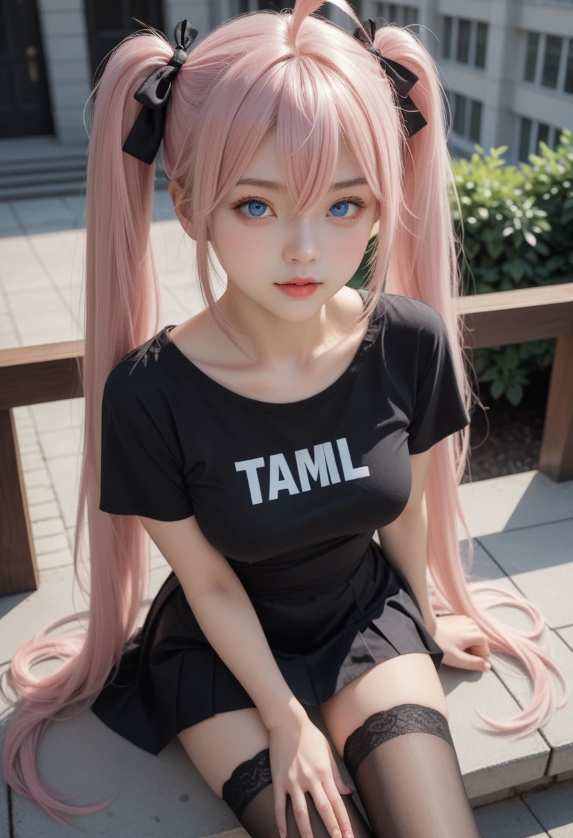 High angle, Front view, side, 1girl, Whole body, solo , blue eyes, hair between eyes, very long hair, twintails, pink hair, ahoge, fang, medium breasts, black dress, Mini skirt , single stockings , high view , sit, Fence, top of tall building, nighttime , Shy,