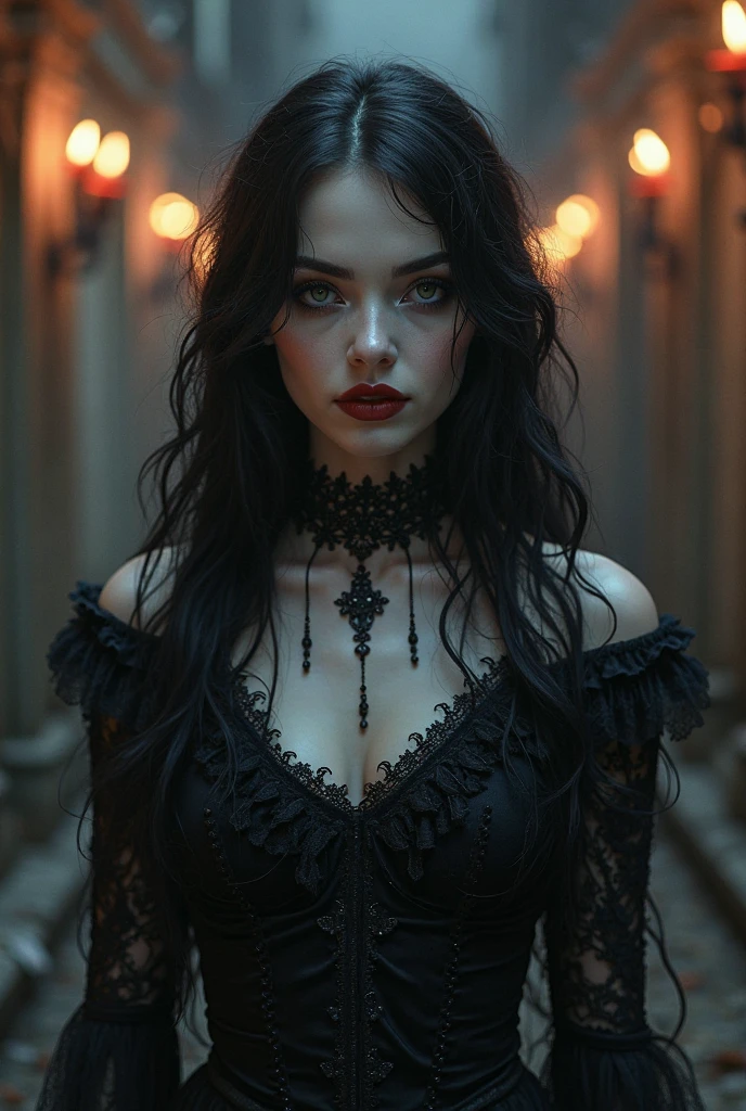 Envision a Gothic vampiress, Lilith, emerging from the shadows of a twisted, surreal world inspired by the intricate and fantastical style of Hieronymus Bosch. Her ethereal beauty is both alluring and unsettling, with porcelain skin that contrasts starkly against the dark, labyrinthine environment around her. Lilith's flowing raven-black hair is adorned with delicate, thorny vines, while her crimson eyes reflect the macabre and eerie landscape—teeming with bizarre creatures and foreboding structures. The world she inhabits is a nightmarish dreamscape, where gothic architecture melds with organic, otherworldly forms, creating a haunting yet mesmerizing vision of darkness and beauty.