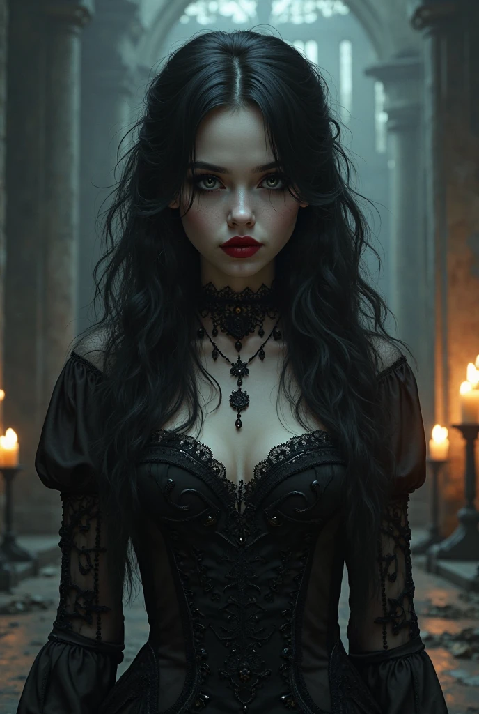 Chica gothic, Red eyes, black lips, without expression lines, long black hair, black lace dress, sin collar, corset with small skull buttons, Wicca sexy. Gothic style, Beautiful necromancer, gothic, Gothic style, Vampire. frontal, Beautiful necromancer. Dark gloomy background, with small candles behind.