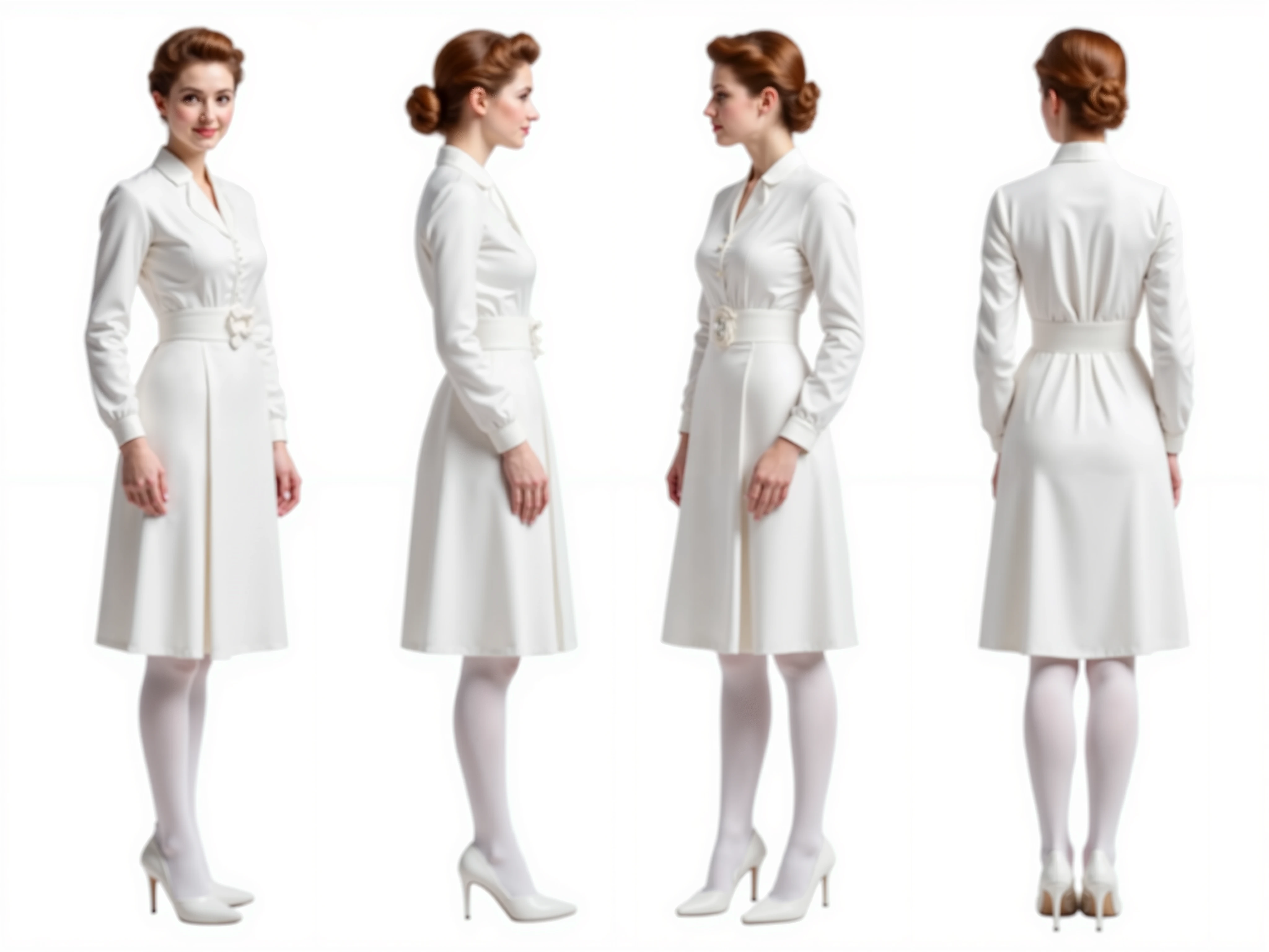  A natural photo realistic orthographic reference sheet of a young woman with chignon, wearing a vintage, modest, crisp, white, nylon fabric, nurse uniform with cinched corset waist belt and extremely high "stand-up" collar ("edwardian style"), long sleeves with extra long cuffs, knee length circle skirt. She wears white opaque hose and  white "lace up", "high heel", ankle boots. Her bust is pushed up high and pointed. Show a full body front view, full body left side view, full body half right side view, full body back view. High detail, soft lightning. White background. Same character. same hairstyle. same outfit. 