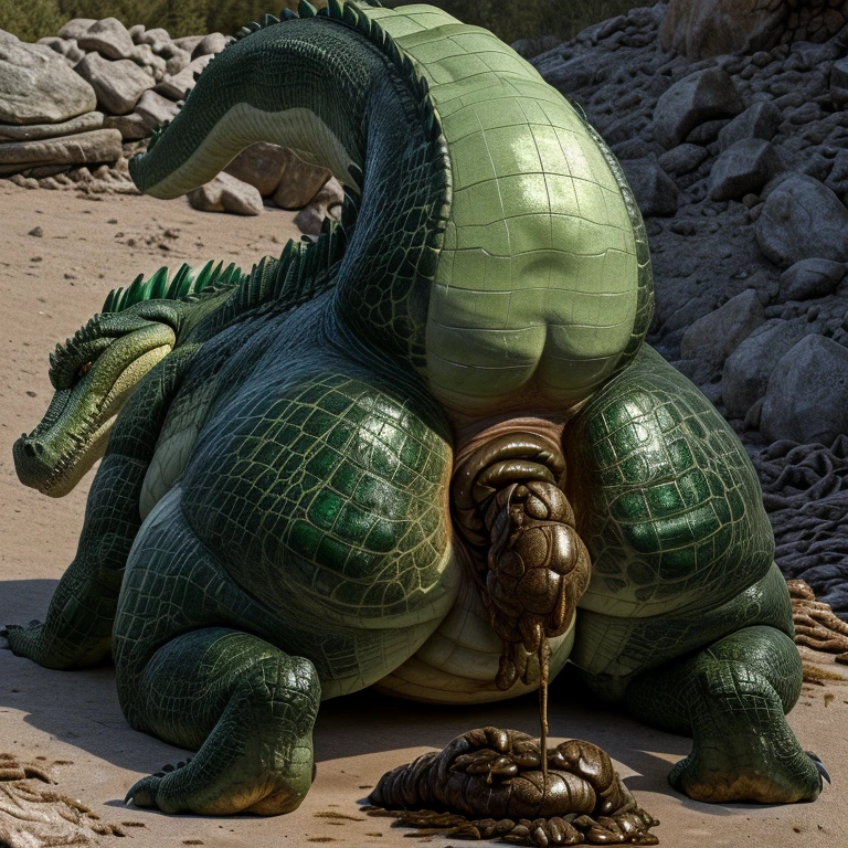 ((((A very obese emerald-colored crocodile, Crocodile facing backwards, Emerald scales, Buttocks up, A lot of poop, Backward composition, feral, on all fours, tail up, anal scat leaking, dirty anus)))), Wild ferocious crocodile, Spiky scales all over the body, A glittering silver mane, Very short legs, Screaming facial expression, Roaring crocodile face, Backward body, Reptile Eyes, Longitudinal pupils, A body covered with a lot of fat, Abnormally obese head, A lot of fat on the neck, A belly so obese it covers the ground, Fat gap, Abdomen swollen enough to touch the ground, A huge, mountain-like swollen abdomen, Abnormally fat arms, Overweight and flabby legs, A body that seems to be crushed by a huge abdomen, A body that fills the screen, Rubble background, All fours pose, Wet scales all over the body, Soaking wet, ((((feral, three-quarter rear view))))