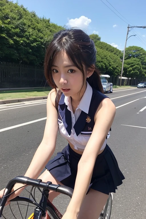 Japanese high school girl riding a green Kawasaki ninja bike,super mini skirt、white panties、beautiful thighs、beautiful panties、Happy!!!, , motorcycle,[ realistic pictures ]!!, High resolution,No sleeve、white panties