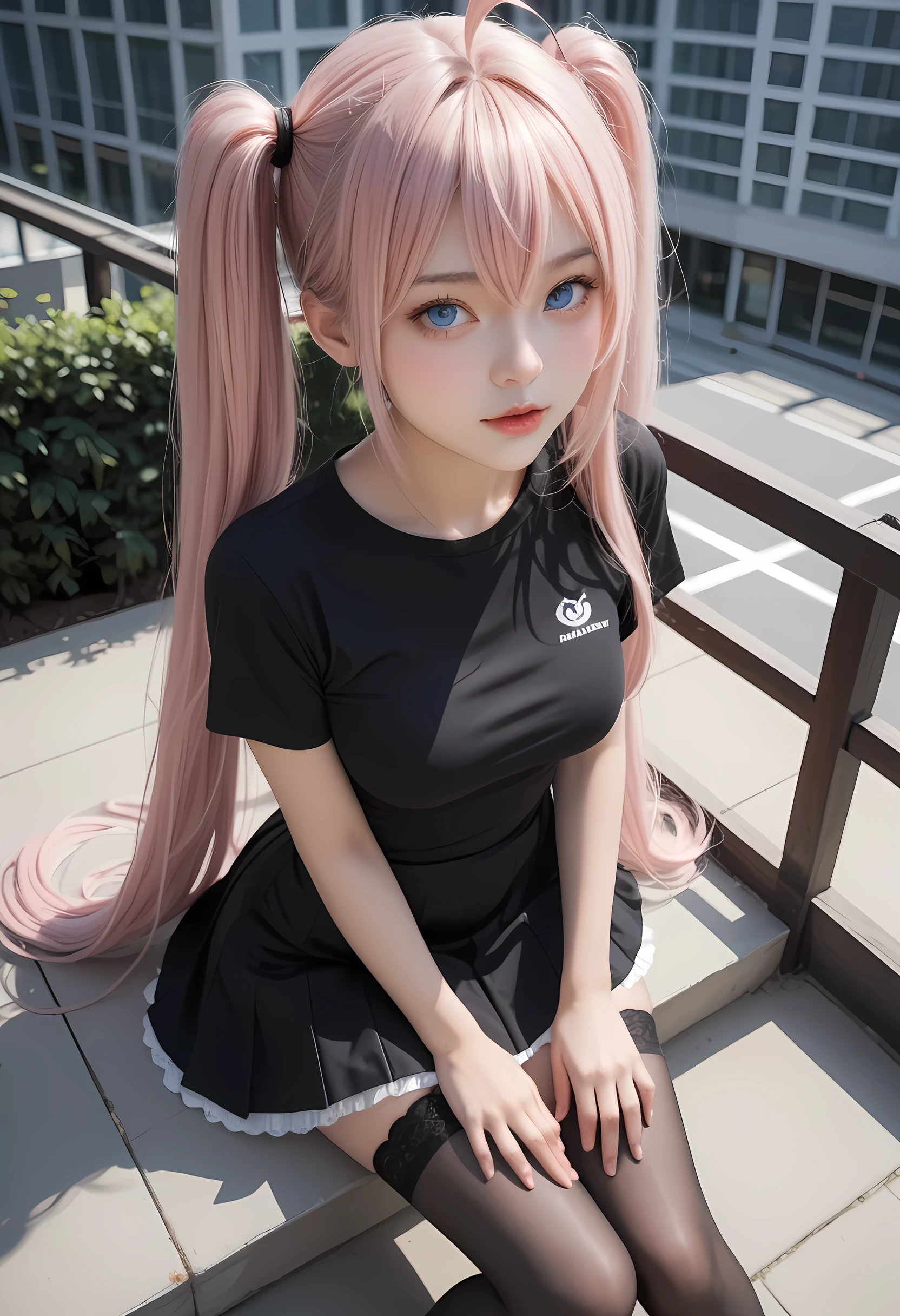 High angle, Front view, side, 1girl, Whole body, solo , blue eyes, hair between eyes, very long hair, twintails, pink hair, ahoge, fang, medium breasts, black dress, Mini skirt , single stockings , high view , sit, Fence, top of tall building, nighttime , Shy,