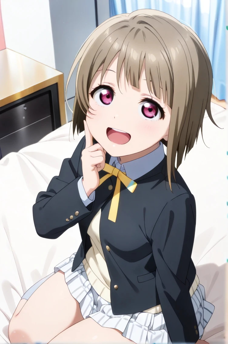((highest quality)), ((masterpiece)), (be familiar with), Perfect Face, indoor, Bedroom, Watching the audience,
One woman, Yuigahama Yui,
Open Mouth, Ecstatic expression, blush, smile,
Small breasts, Flat Chest, Young Girl, , , Girl,
Short Hair, Salmon-colored hair, Salmon-colored eyes, Side Pony,
Leg spread,