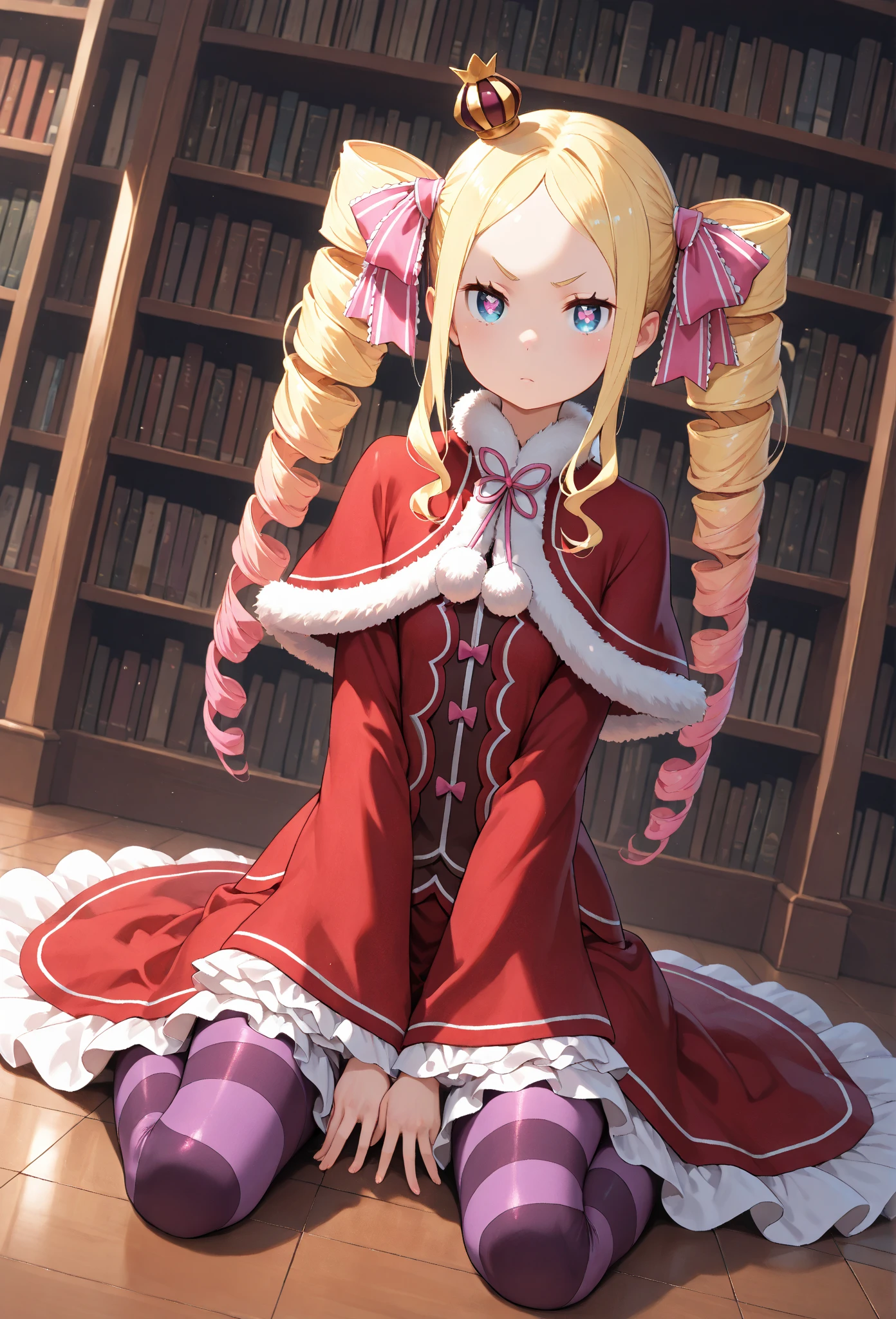 beatrice, beatrice, blonde hair, blue eyes, (butterfly-shaped pupils:1.5), drill hair, long hair, parted bangs, (forehead:1.5), symbol-shaped pupils, twin drills, sidelocks,
BREAK bow, capelet, crown, dress, frilled bow, frills, fur trim, fur-trimmed capelet, long dress, long sleeves, mini crown, pantyhose, red capelet, sleeves past wrists, striped, striped pantyhose,
BREAK looking at viewer, full body,
BREAK indoors, library,
BREAK (masterpiece:1.2), best quality, high resolution, unity 8k wallpaper, (illustration:0.8), (beautiful detailed eyes:1.6), extremely detailed face, perfect lighting, extremely detailed CG, (perfect hands, perfect anatomy),