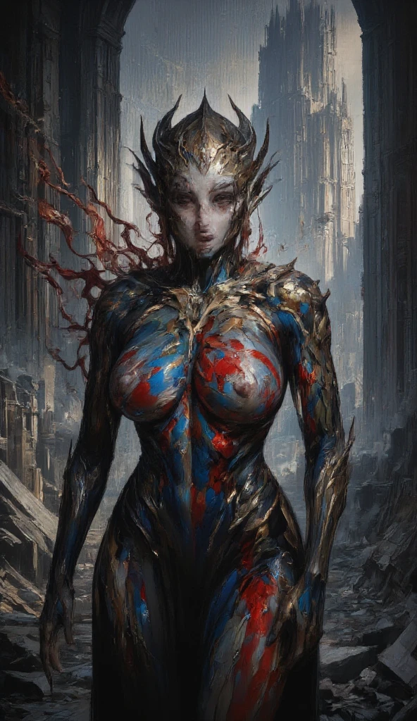 color contrast, hyperrealistic poses, cinematographic photography , detailed, best quality , High resolution , intricate details, vivid colors , detailed Style Photography Hyperrealism oil painting portrait of a creepy yet beautiful mystical female creature , ((( beautiful mystical female creature ))) perfection of style , vivid colors , colorful, background is s sprawling ruin of an ancient capital, aidmaMJ6.1, FNTSypstlce estilo , Nova arte digital fantasycore,a