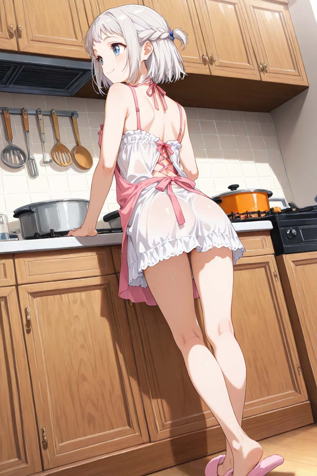 (masterpiece:1.3),(highly detailed:1.3),(highres:1.1),best quality,Ultra-detail,1girl,solo,kitchen,jelofolkwang,naked apron,((white apron)),ass,sideboob, unclear clothes , white pantie, ((perfect body)), salon,((take off pantie)), legwear ,hand pantie, ((perfect breast)), perfect face,back view but 