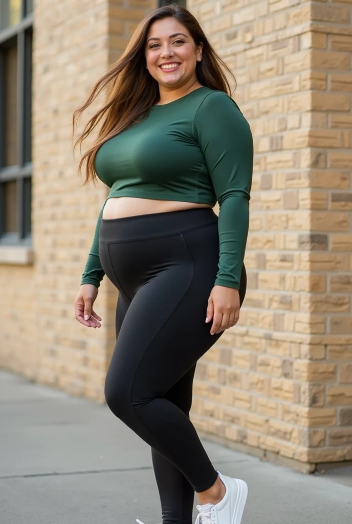 Ms. Alafie walking in the park, wearing dark green Barbie pants and white crew neck sweatshirt, plump figure, wearing tight simple clothes, she has a round fat belly, wearing tights, tights, tights, wide hips, beautiful plump woman, smooth clothes, curvy, plump figure, her wardrobe is attractive, thin waist and thick hips, (park background) (clothes have no wrinkles), ((pants are slightly transparent))