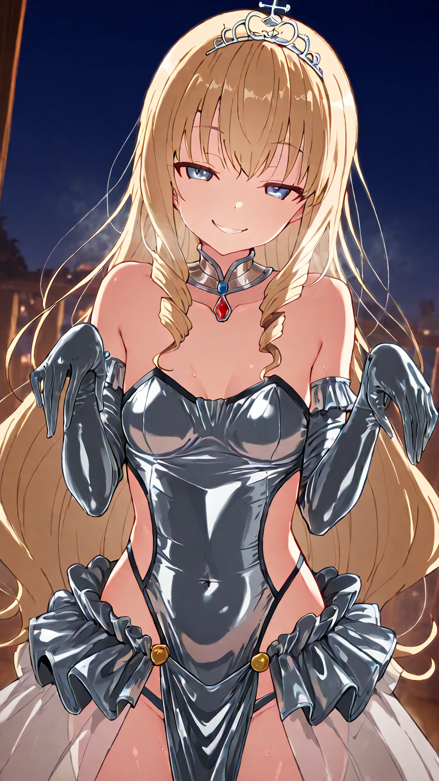 masterpiece, best quality, extremely detailed, 1girl, solo, midorikawa hana, (gigantic breasts:1.7), ((((blone hair), long hair, brown eyes))), parted lips, (((omegaf bodysuit, elbow gloves, black gloves))), ((yandere trance, evil smile), closed mouth), ((hands on own hips, window, indoor, castle, winter, snowing))