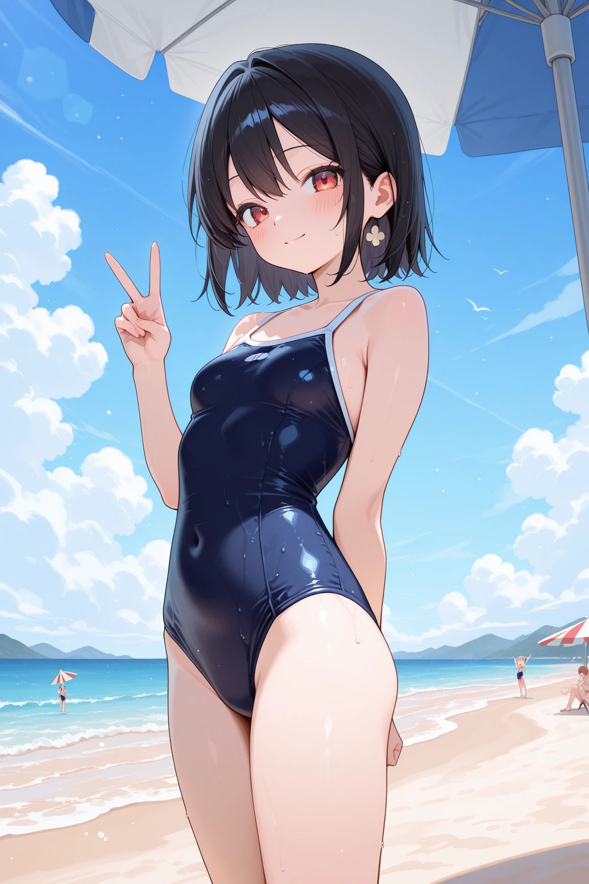 Black haired girl, black eyes, southeast asian, short, , skinny, flat chest, school swimsuit, perky nipples, cameltoe