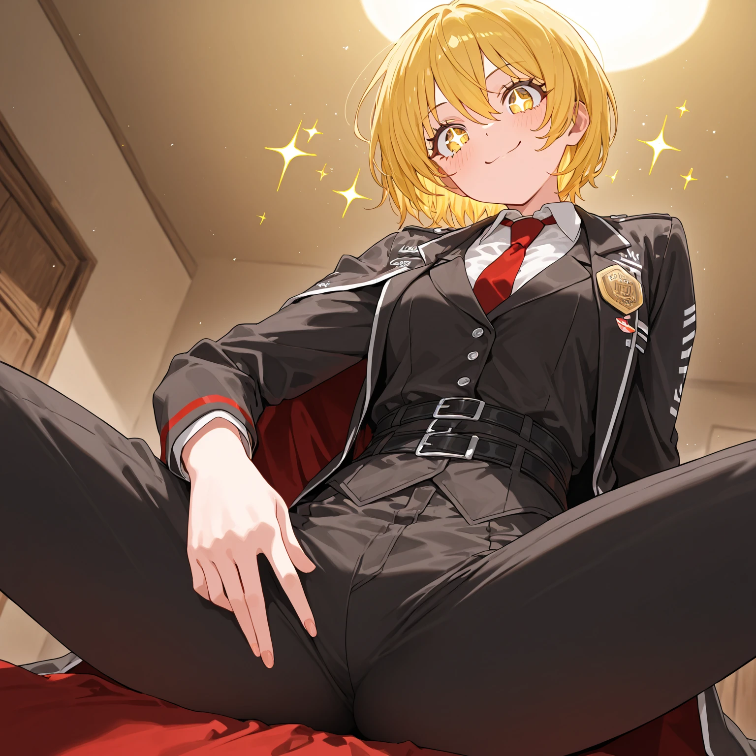(((Official art,product art,superfine illustration,hight resolution, masutepiece,detailedsな美しい瞳,best qualtiy,Best Quality,非常にdetailedsなCGユニティ8kの壁紙))),hightquality, detaileds, (A little boy),12 years old, A young soldier idol with a fearless face.,A boy who looks like the prince of tennis、 Standing, Cool handsome face with smile, long boots、 Long legs, thighs thighs thighs thighs, Foots, Bulge, (Blonde mesh、)、 Short,、spiky hair、Shiny hair, boy with sharp eyes, (Tight, Shiny futuristic combat uniform、), Cool pose, (太いthighs thighs thighs thighs,Big buttocks),(((garrison base)))、Puffiness in the crotch area、((cocky、))、Smirk、Spread legs,Ultra-fine painting, (Best Quality, 4K, 8K, hight resolution, masutepiece:1.2),(((Being aware of the sexual gaze of middle-aged gay men)))、Service Shots、 Show off your crotch、Leather Long Gloves、