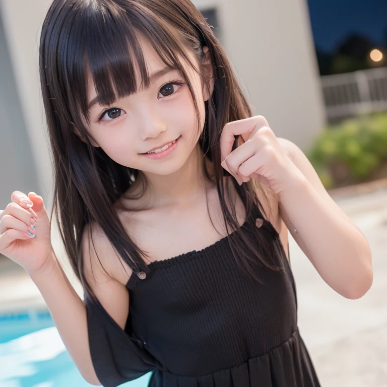 masterpiece、High resolution、Official Art、Japanese,Beautiful girl at 6 years old:1.85,Baby Face:1.85、Ultra-flat chest:1.85、Ultra short height、Smiling with teeth showing,cute,Primary school students,女子Primary school studentsの私服,Summer clothes、clavicle、Black Hair、Nipples are visible、In the park、Childish、semen、Wet whole body