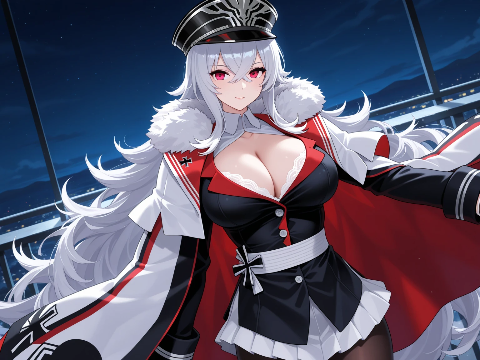 1girl, white hair, long hair, red eyes, serious, glowing eyes, large breasts, thick thighs, toned, leotard, black leotard, thighhighs, belt, knife, fur trim, fur