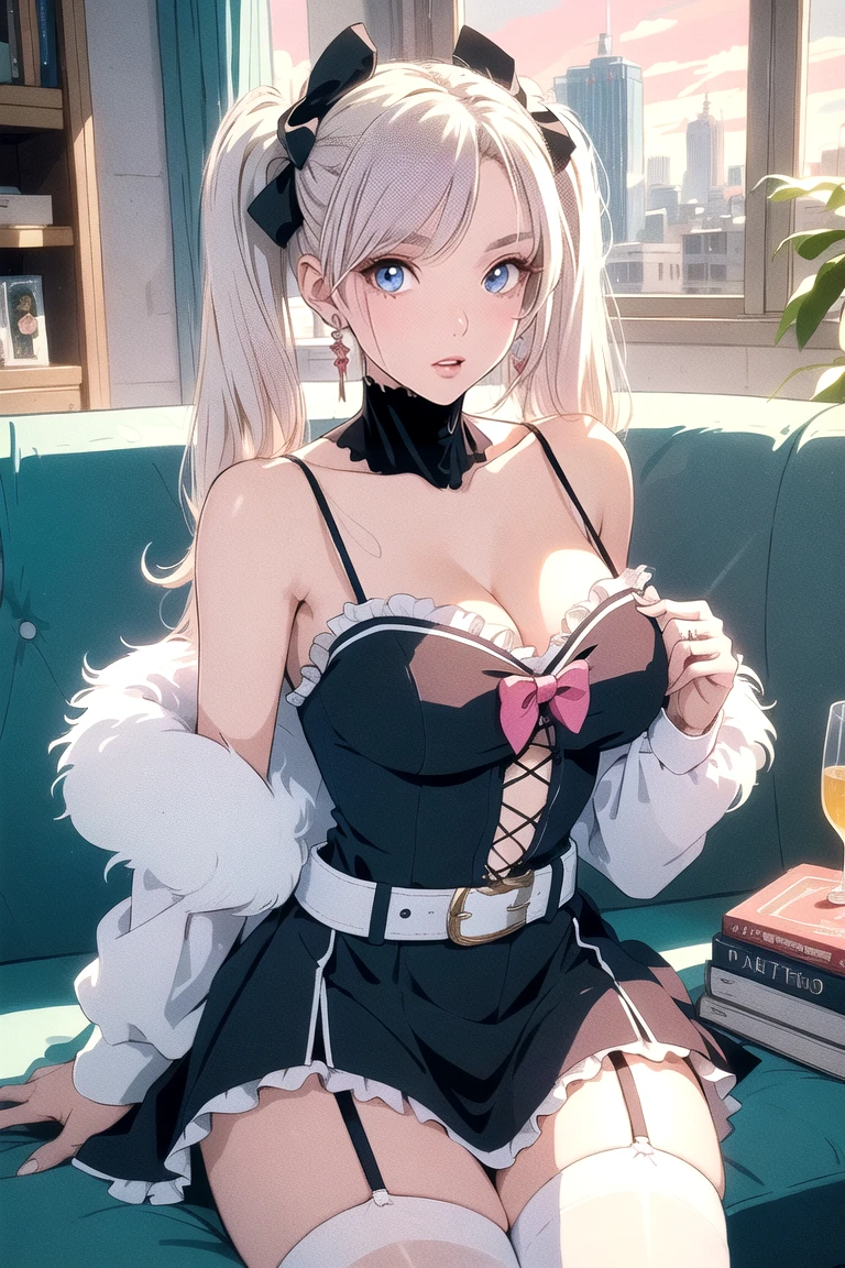 Korean ,Sitting on the couch,(((masterpiece))), ((highest quality)), ((Intricate details)), ((Surreal Realism)), Ridiculous Resolutions, Mature Woman, Mature Woman, See through, Very detailed, Awareness-raising, One girl,((massive super huge enormously gigantic Big Breasts)), Perfect hands, Detailed fingers, Beautiful fine details,Lowered twin tails, Inner hair color, Long platinum white hair, Very bright platinum white hair, With beautiful detailed eyes, (jpop harajuku inspired gothic lolita outfit:1.8), crop hoodie,耳Nipple Ring, Detailed Background, Perfect Eyes, Captivating eyes,Tilt your hips,Blushed,(Sobbing:1.2),Confused Eyes,Open your mouth a little, (((Spread your legs boldly:2.3))), (((Bursting breasts, Saggy breasts, Large saggy breasts, Underbust)))