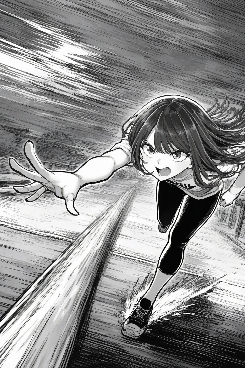 boichi manga style, greyscale monochrome, medium shot, full body, 1girl, adult, blood, solo, blood on face, motion blur, hatching \(texture\), injury, ((masterpiece)), <lora:boichi_manga_style_offset:1>, cute vulnerable face, fighting stance