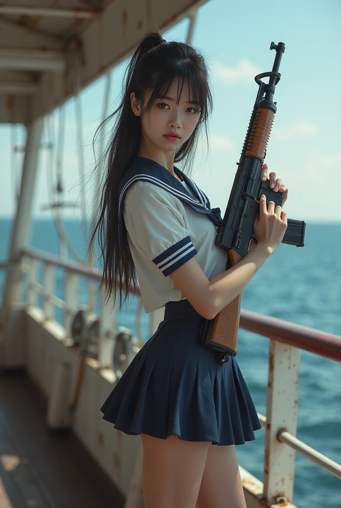 (best quality, masterpiece:1.2), ultra high res,best quality,detailed,Amazing,extremely detailed CG unity 8k wallpaper,
beautiful detailed eyes, highly detailed skin, extremely delicate and beautiful girls,
1girl holding mp5 gun and finger in trigger, long hair and full body,
sailor dress, on warship,