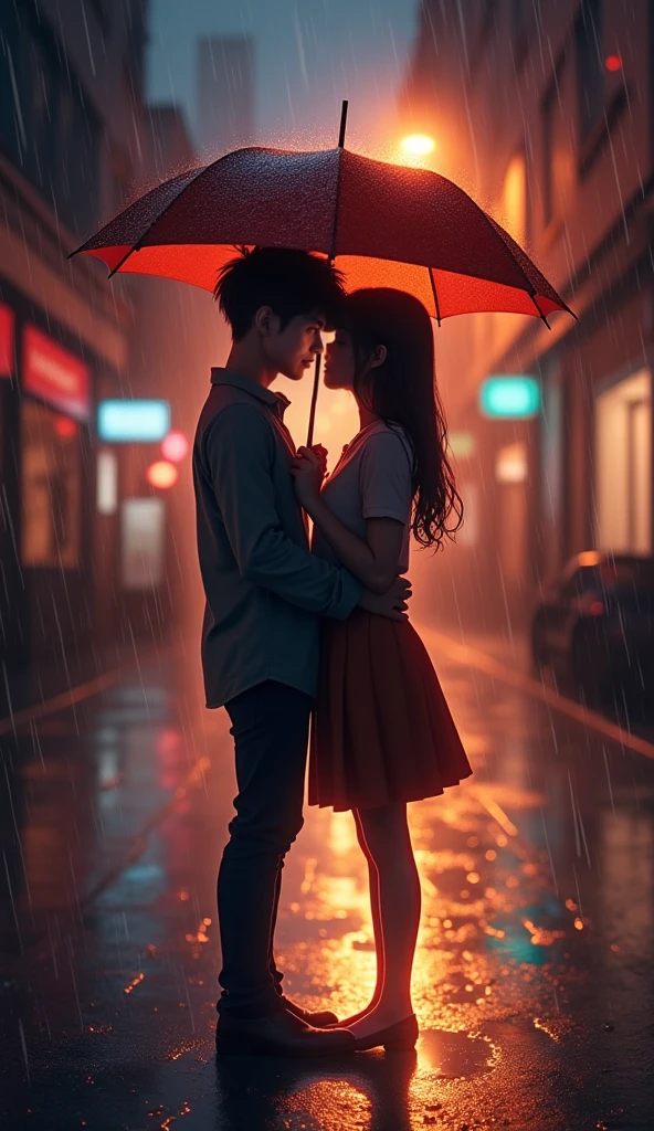 The girl and boy kiss to each other on bus stop in rainy season