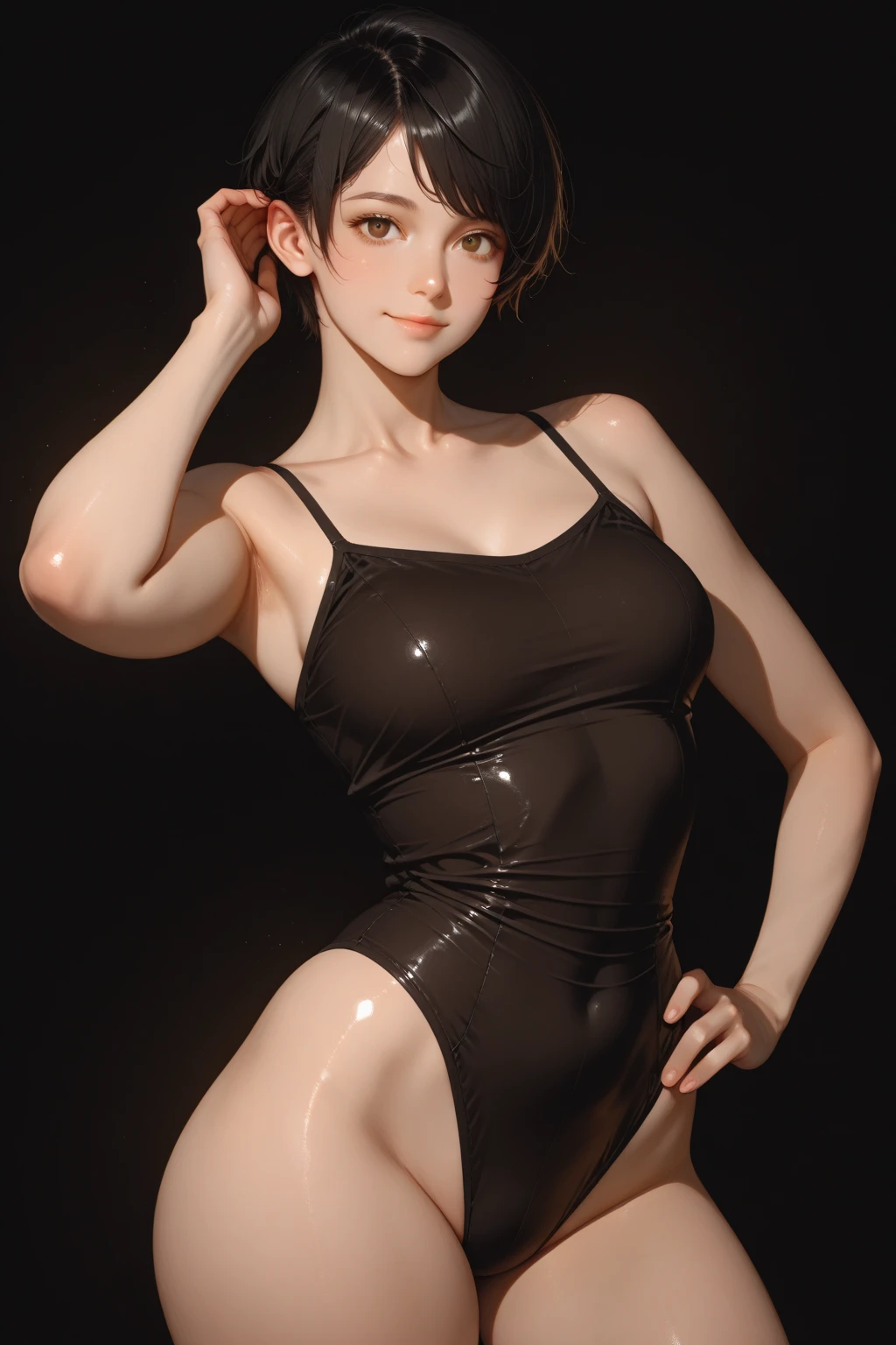 1 woman, standing, swimsuit, front view, close-up, bright lighting, indoor, plain background, neutral expression, athletic build, short hair, (best quality,4k,8k,highres,masterpiece:1.2),ultra-detailed,(realistic,photorealistic,photo-realistic:1.37),HDR,UHD,studio lighting,ultra-fine painting,sharp focus,physically-based rendering,extreme detail description,professional,vivid colors,bokeh,portrait,photography,natural lighting,warm colors