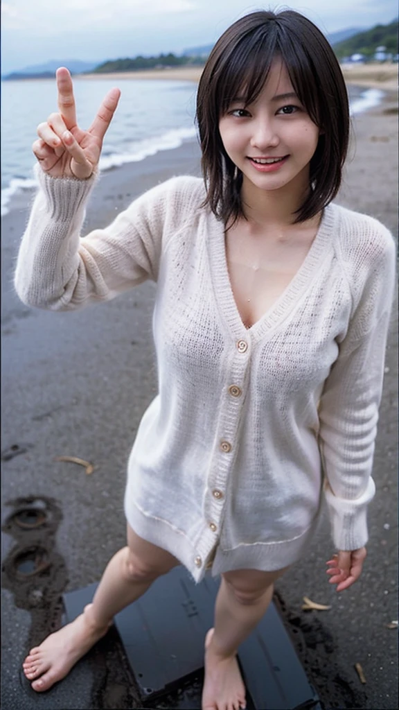 (((Top-down configuration:1.33)))、((No underwear:1.55))、One Girl、Beautiful and detailed eyes and face、barefoot、20 year old cute Japan woman, ((Extremely precise and accurate anatomy:1.0)), (photo Realistic:1.4), (hyper Realistic:1.4), (最高品質のRealisticな肌の質感:1.4), (Improvement of quality:1.4), (Enhances the beauty of skin texture:1.1), Clean and glowing skin, mesh, thin:1.2, (Realistic:1.3), Realisticなライティング, (Smoother lighting:1.05), (Improving the quality of cinema lighting:0.9), Backlight, A gentle light on your face, Ray Tracing, (Bright light:1.2), 32K, One Japanese woman, fine grain, Detailed face, (Film Grain:1.1),(Accentuates body lines:1.1), High resolution, Natural look, Kind eyes, Improves hair quality, Delicate light and shadow, Transparent muscles, Graceful pose, Beautiful Eyes, Sharp details, Soft light reflection, Beautiful contours, Delicate skin tone, Fine hair texture, Natural background, (((Open shirt、splash、Sandy Beach、Light of the sun、clear blue sea、The waves crash quietly、Blue sky and white clouds、green mountain々、Beautiful Nature、The joys of youth)))、