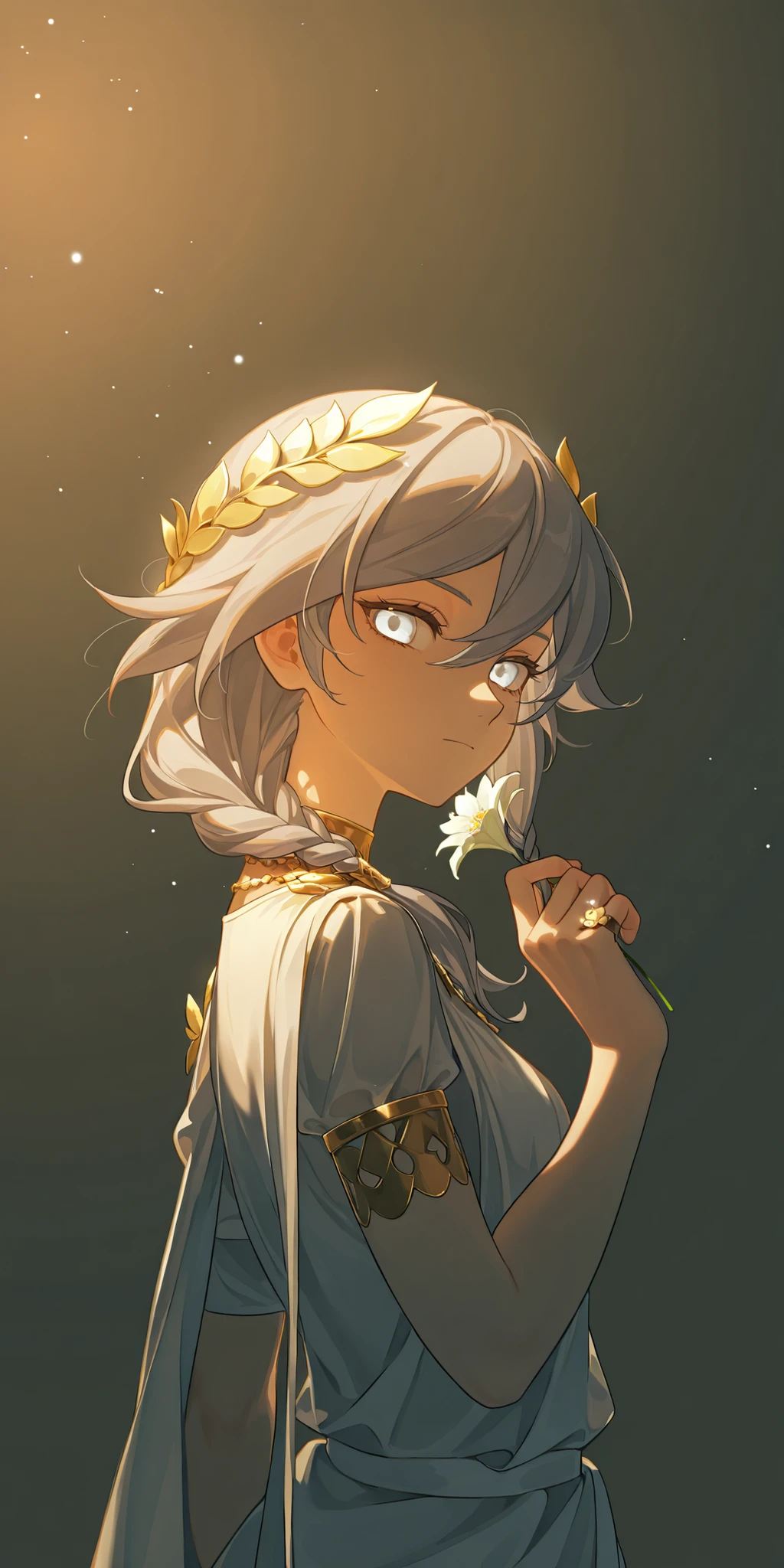 armlet,laurel crown,ancient greek clothes,(face focus, medium shot:1.22), dynamic pose, three quarter shot, looking at viewer, mature, (1girl:0.75), solo, effeminate, tomboy, masterpiece, best quality, amazing quality, very aesthetic, high resolution, ultra-detailed, dramatic lighting, absurdres, FuHua, Fol005, Fh_Hos, fu hua, bright white eyes, gray hair, ponytail braid, braided hair, demure, (gothic lolita fashion:0.75), (inner garden, Palace of Versailles:1.1), holding a bouqet, holding flowers, flower ring, soft eyes, relaxed,