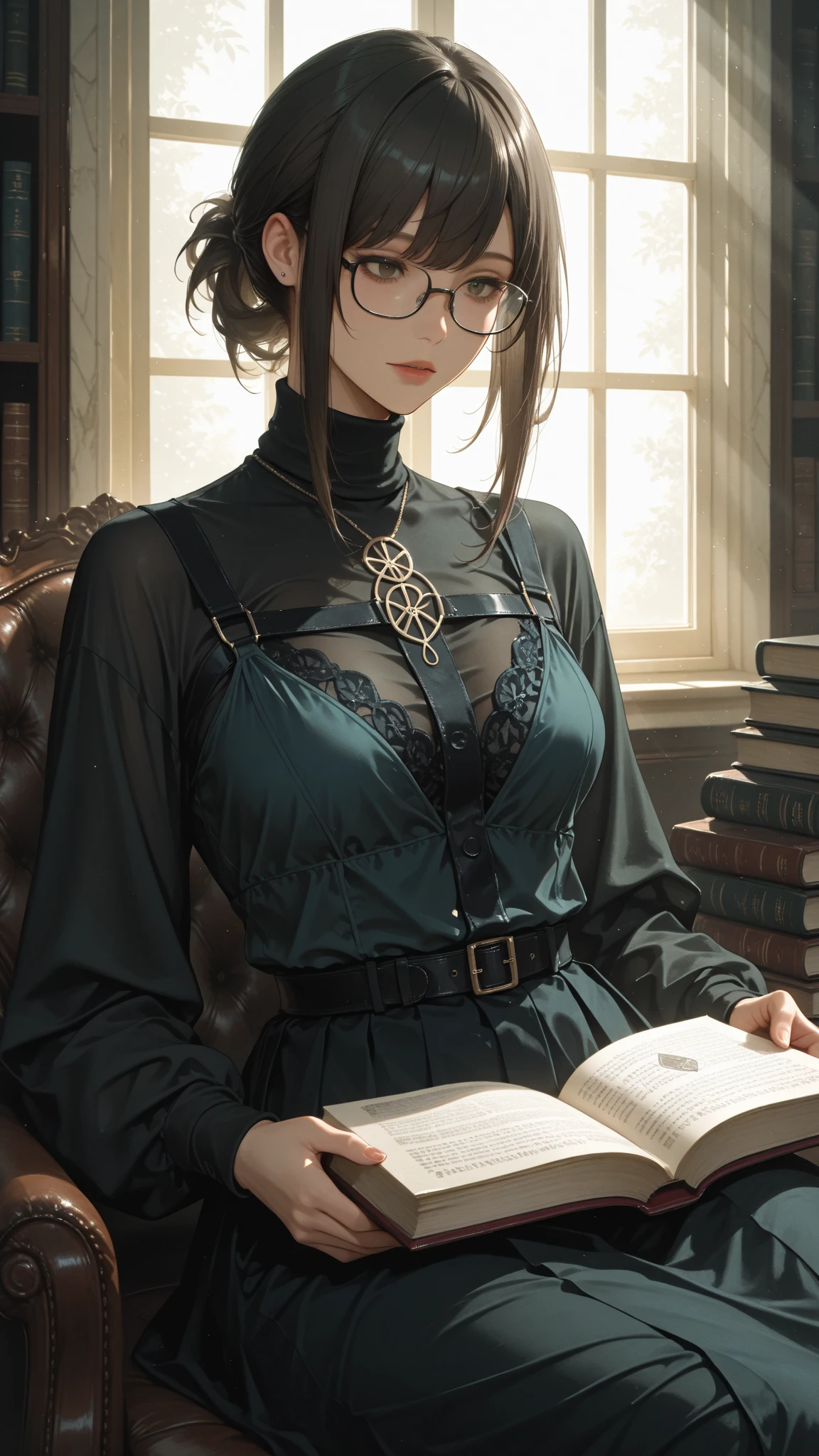 8k, masterpiece, best quality, highly detailed, 1 girl, tiefling, warlock, multicolored hair, very short straight hair green highlight hair on white hair, strippled hair, wearing glasses, round glasses, earrings, long dress with side cut, lace dress, red eyeshadow, long eyelashes,navel piercing, blushed cheek, necklace, collarbone, high heels, mole, glamorous, purple and teal clothing, villainy, smirk,  face, close up view, rings, looking at viewer, standing, demon horns, solo, hand touching cheek, school, black lace gloves, holding book, sensei, .