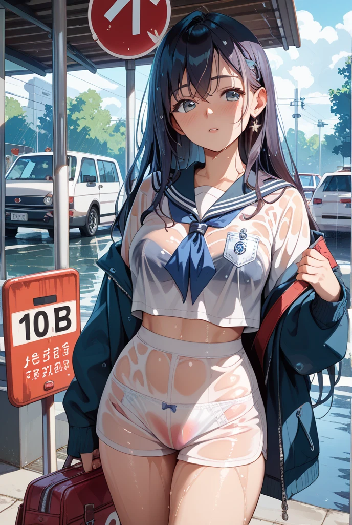 A woman with big ，Beauty，Black long hair，Bow，(Fully transparent sailor suit:1.2)，weak，Sexy，Color，lactation，Showing belly，blush，Bright Light，ahegao，on the street，dodge，Multiplayer，