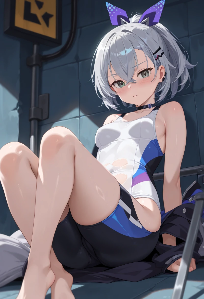 Action Sceneasterpiece, highest quality:1.2)),cowboy shot,1woman,20 year old beauty,solo,((very small head)),short hair,messy hair,light blue hair,blue eyes,blunt,((very long and slender body)),toned body,skinny,medium breasts,shiny skin,oily skin,sweat,sky,sad, Red tight mini skirt、black tube top bra、Black panties,black_thighhighs,standing split,Back Alley、Alley、Dark Night Road、Big cities、Cyberpunk World、