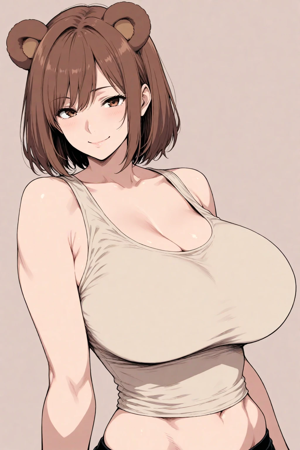 ((highres)), Masterpiece, high quality, best quality, beautiful, perfect lighting, detailed face, ultra cute face, ((1girl)), ((solo)), (blush), smiling, short brown hair, fluffy hair, green eyes, crop top, jean shorts, white background, large breasts, cleavage, skinny, wide hips, thick thighs, thigh gap, standing, arms behind back,