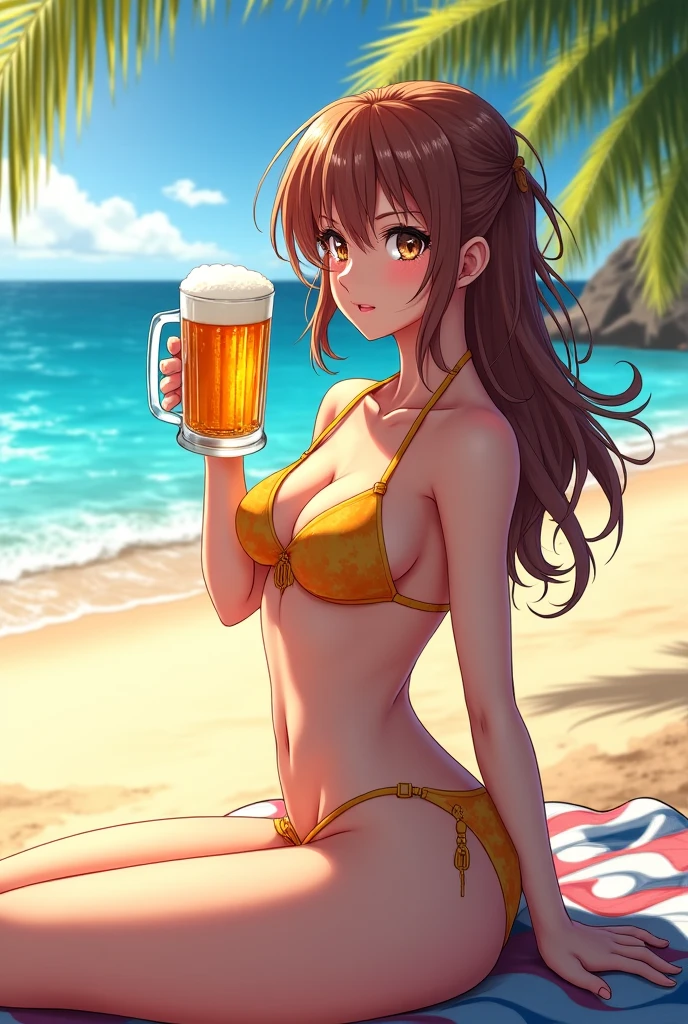 highest quality、Nice sexy body、One Woman、(solo)、((Beautiful busty woman:1.6))、(((Woman with dark red hair:1.3)))、Long hair woman、(((Woman in bikini waitress uniform at beach house:1.3)))、smile、((A woman carrying draft beer:1.3))