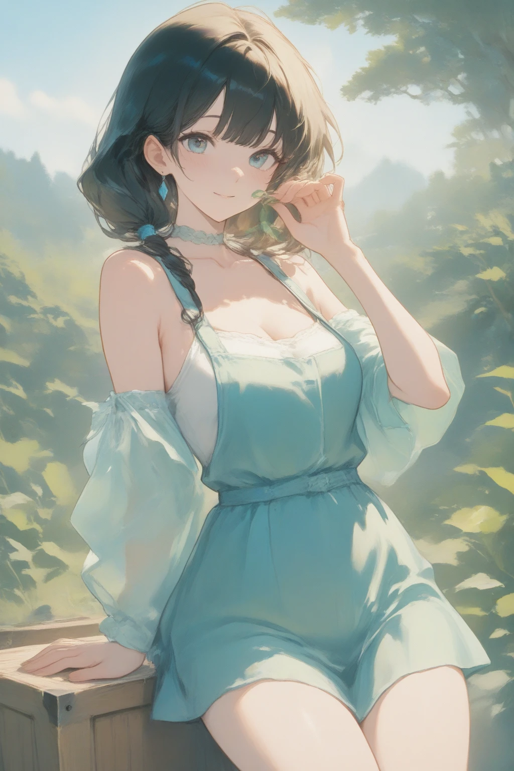 (masterpiece:1.2, high quality), (pixiv:1.4), (1 girl:1.2), (alone:1.2), (Smooth:0.8), beautiful woman, (Mature), pale skin, Red cheeks, blush, (Smile:1.2), black hair, Sideways, Bangs, curls, (braids), hairpin, one eye covered, blue eyes, (delicate eyes), symmetrical eyes, black eye shadow, glossy lips, pale pink lips, open lips, symmetrical face, earrings, (look away), side looking, There is a mole on the chin, Deep V neckline, blue pendant, Green transparent dress, Floral skirt, strap dress, luxury, Delicate arms, (Beautiful round breasts:1.2), derailed cleavage, beautiful portrait, Professional photography, best quality, (ridiculous:1.2), Super detailed, ultra high definition, 1080, 4K, 8k, intrincate detail, shining blue sky, outdoor aesthetics, sky background, view from below, The wind blows hair, bright colors, dynamic lighting