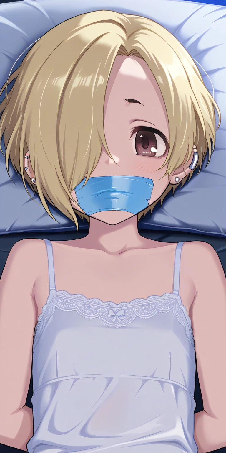 Beautiful girl alone, ((facemask: 1.2)), kneeling,blindfold,collar,embarrassed,presenting,straddling,blonde, pussy,heavy breathing, short skirt, T-shirt, on bed, sweat, high resolution, top quality, masterpiece,