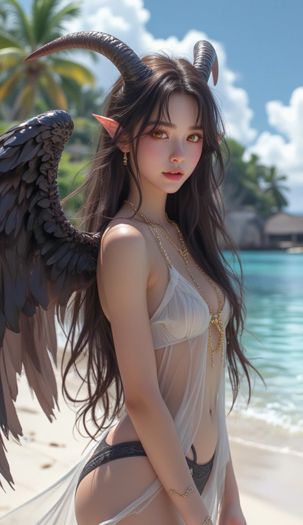 (masterpiece, top quality, best quality, vivid collors, official art, beautiful and aesthetic:1.2),(1girl:1.3), (fractal art:1.3), adult woman, full body image, fake body, naked, big breasts, looking at viewer,patterns, black hair in a three-strand braid, dark red eyes, small red horns, red dragon wings, Pubic hair, Female pubic hair, Armpit hair, Pussy, Presenting armpits