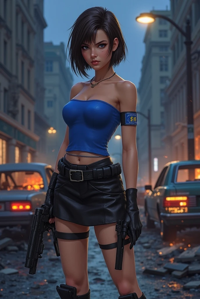 (best quality,4k,8k,highres,masterpiece:1.2),ultra-detailed,(realistic,photorealistic,photo-realistic:1.37),Ami Mizuno as a Mad Max survivor in the Westland,deserted post-apocalyptic world,dusty landscape,harsh sunlight,burning orange sky,gritty and distressed,ripped and tattered clothing,utility belt with survival tools,protective goggles covered with dust,Ami's bright blue hair flowing in the wind,determined and fierce expression,holding a modified high-tech weapon,scanning the horizon for danger,thick layers of dirt and grime on her face and hands,imposing scar across her cheek,distant ruins of a futuristic city in the background,Ami's transformation into a hardened warrior,blending her intelligence and strength,creating an iconic and empowering image,combining anime style with the gritty aesthetics of Mad Max.