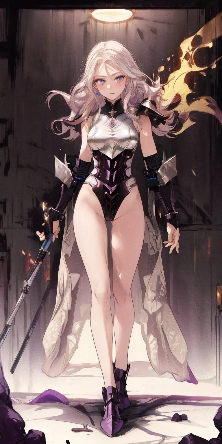 Combat action，closeup cleavage, The world of dreams, Dark Elf Maiden, curly ponytail, with brown skin , Long elven ears,hand-holding,humanoid creature, Light cloth armor, Her skin is brown, brown skin tone, 黑The eye, , Messy White Hair,low heel boots , armour, worn leather boots, tattoo is,bag on back
