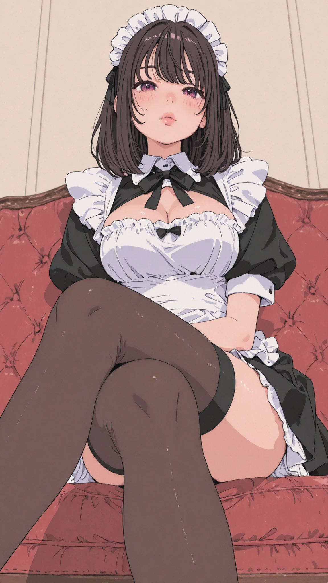 Masterpiece, Best Quality, extremly detailed, Cinematic lighting, intricate detials, hight resolution, official arts, finely detailed beautiful face and eyes, high-resolution illustration, 8K, dark intense shadows, 1girl, medium breast, long brown hair, copper hair tips, brown eyes, glasses, (swept bangs), maid uniform, dark blue dress, black shirt, puffy sleeves, long sleeves, white gloves, maid headdress, lace-up white panties, broken look, broken, blushing, tears, lying on the floor, cum, blood, cum and blood flowing out of pussy, bare breasts, pubic hair