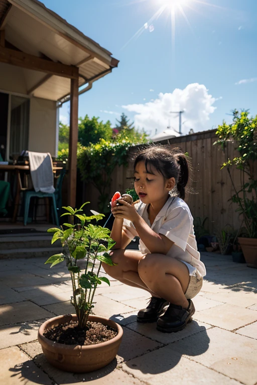  2 year old with red hair playfully watering plants in animation