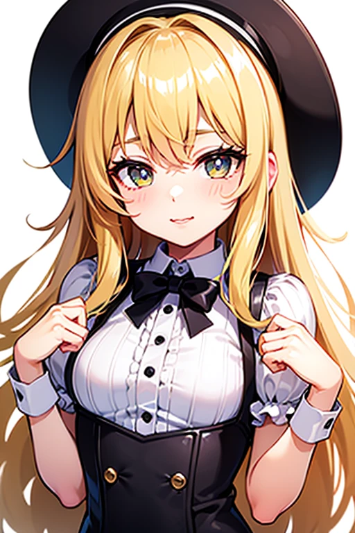 1girl, beautiful detailed eyes, beautiful detailed lips, extremely detailed face, long eyelashes, blonde hair, blue eyes, pink lips, , white shirt, black ribbon, charming atmosphere, manga artist, slightly , wearing a red beret, holding a fountain pen and posing, anime-style, beautiful woman, her background is a solid black color that can be easily cropped, frontal view, looking up