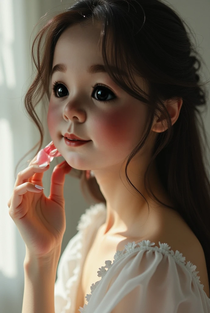 A bbaby with big blue eyes,crying by the window,shshe is wearing a red gown,pink lips,vvery cute,no wrinkles,detailed face.
