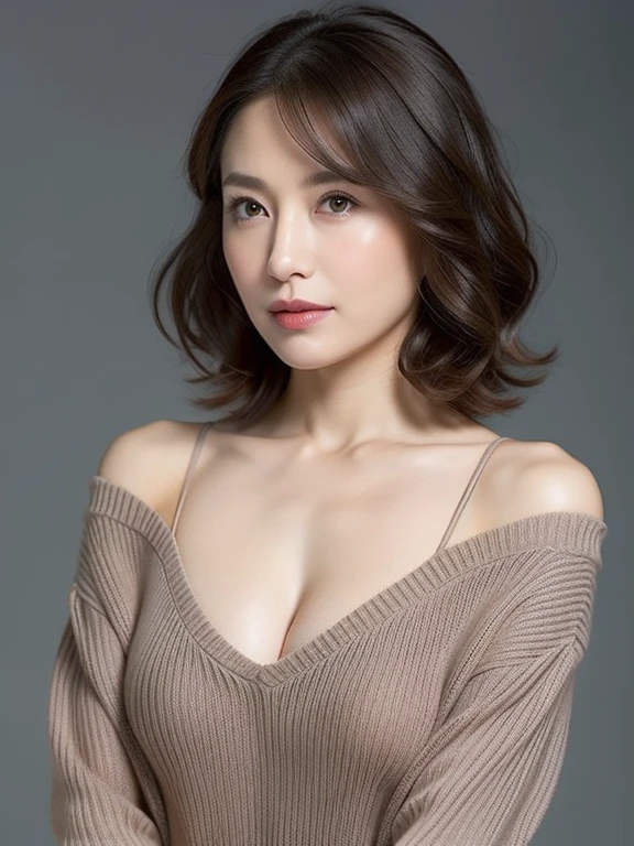 1 Female,Focus on the chest,Beauty,Highest quality,Ultra-realistic,Beautiful appearance ,Brown color,Short Hair,Small breasts,Facing forward,Portraiture,smile,Cleavage,forward leaning posture,In a suit, Realistic,talent,20th Generation,Natural Makeup