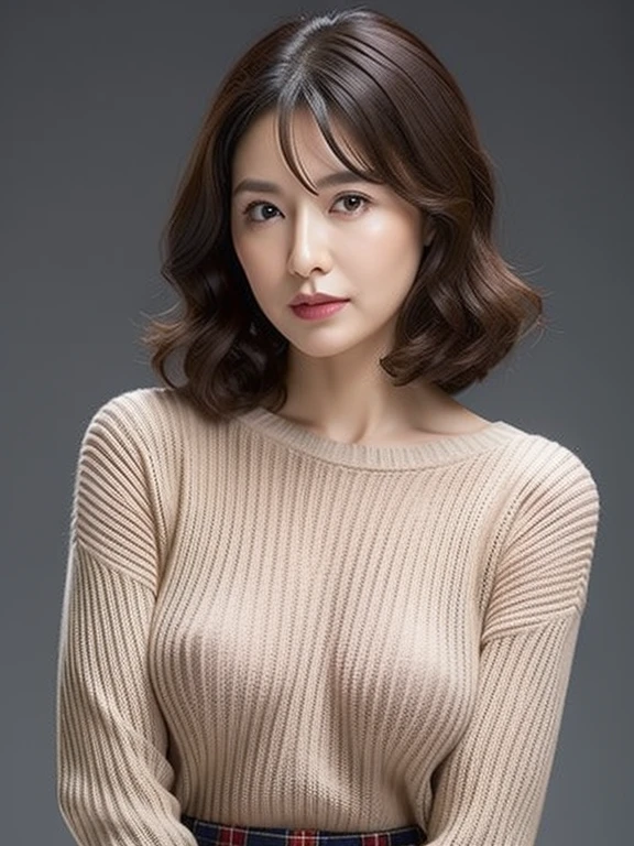 hight resolution, high-level image quality, high detailing, masterpiece, Textured skin, tre anatomically correct, sharp, greybackground((japanes, 20yr old)), 独奏, large breasts with good shape, Straight light brown hair that reaches to the shoulders, chubby figure (((erect through, facing the center of the screen.))), Close your mouth and look straight ahead with a serious face, Sweaters, skirt by the, ((cowboy shot)),