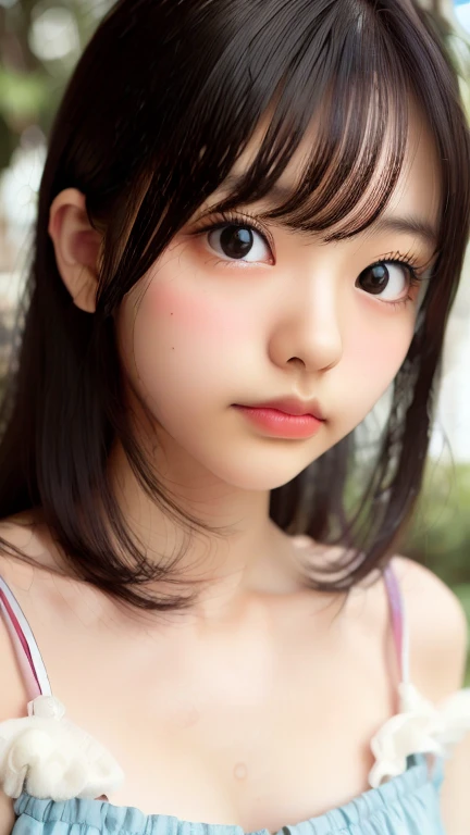 Sexy Woman, Very deep blush, Red nose tip, Long neck,Medium Chest, Visible Cracks,Warm lighting ,look up、Open your eyes、Navy School Swimsuit、bangs