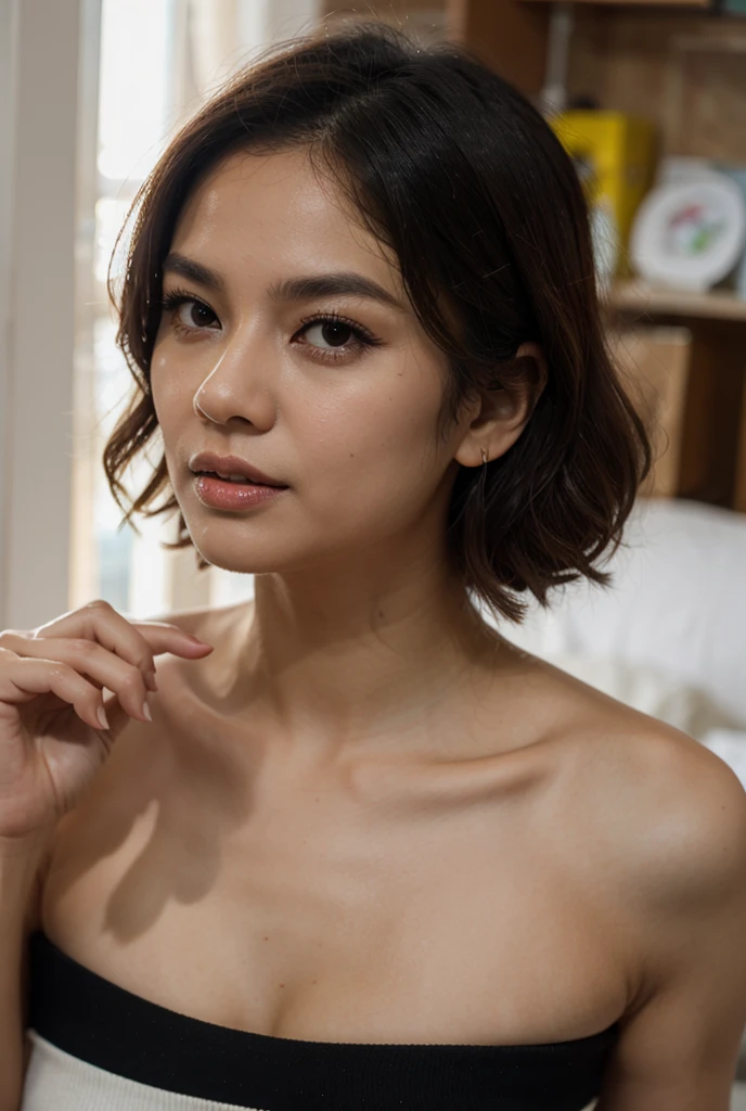 One girl, Short hair up to shoulders,Black Hair,smile, summer, Night lighting,Bed,Beautiful areola,Young Wife,Dignified face,Look at this,Slender body,front,whole body,All Nude,Fair skin, (masterpiece, Highest quality), Soft Light, Structure of the film, Like in the movies