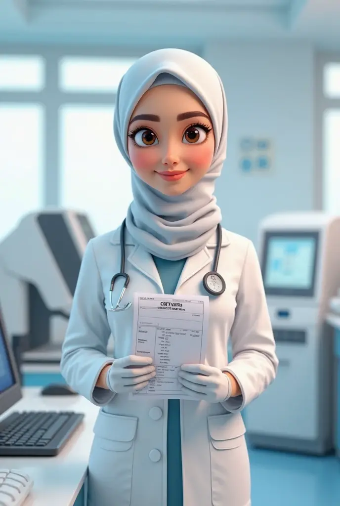 (Best quality,4K,8 k,High accuracy,Masterpiece:1.2),The doctor is with the girl, examining her and opening her mouth at the doctor for treatment, smiling, wearing a hijab and white Islamic clothing, with a stethoscope on her neck. ,Vibrant colours,downy, Natural lighting,Exceptional clarity and precision in Pixar style