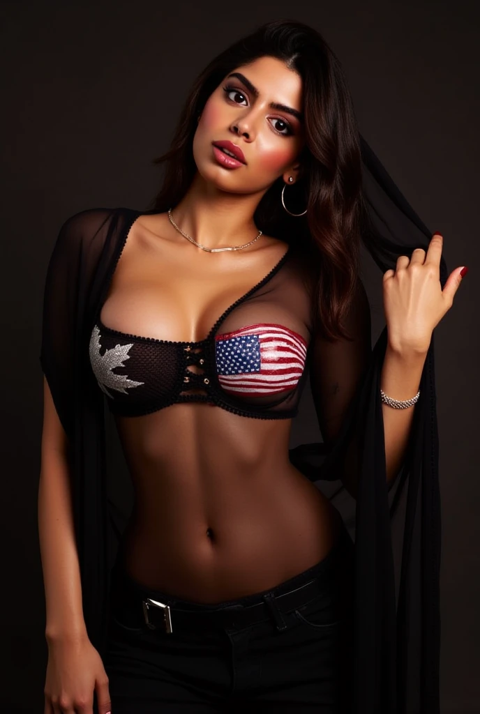 female brunette model, long black hair, brown eyes, wearing only the official ENGLAND soccer team t-shirt, waving the union jack flag. She also is wearing revealing lingerie and stiletto.