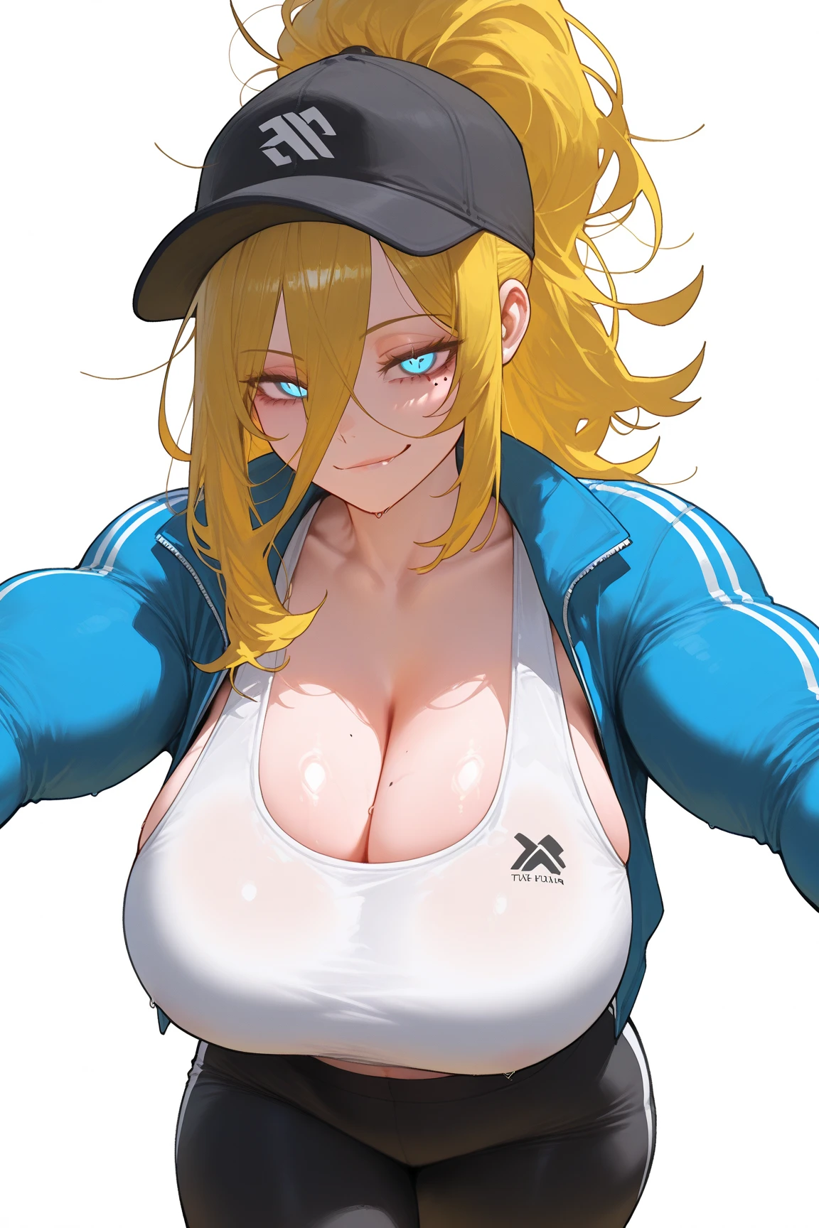 there a woman taking a selfie with mobile phone, ((head out of frame)), bra, under wear, sweater lift, anime girl, variety of hairstyles, blue, orange, green, violet, brown, white, white background, fashionable and trendy atmosphere, covered face, cleavage, lifted by self, hand on own chest,
