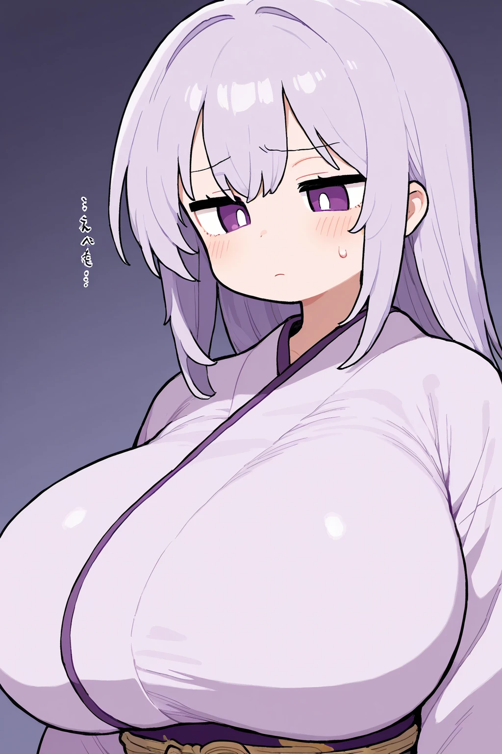 score_9, score_8_up, solo, source_anime ,BREAK,blunt bangs,ponytail,Yellow Eyes,Gray Hair,gigantic Big Breasts,Droopy eyes,((1girl)),White background,Areola,shiny skin,very big breasts,黒いストッキング,レオタード,むちむちの太もも